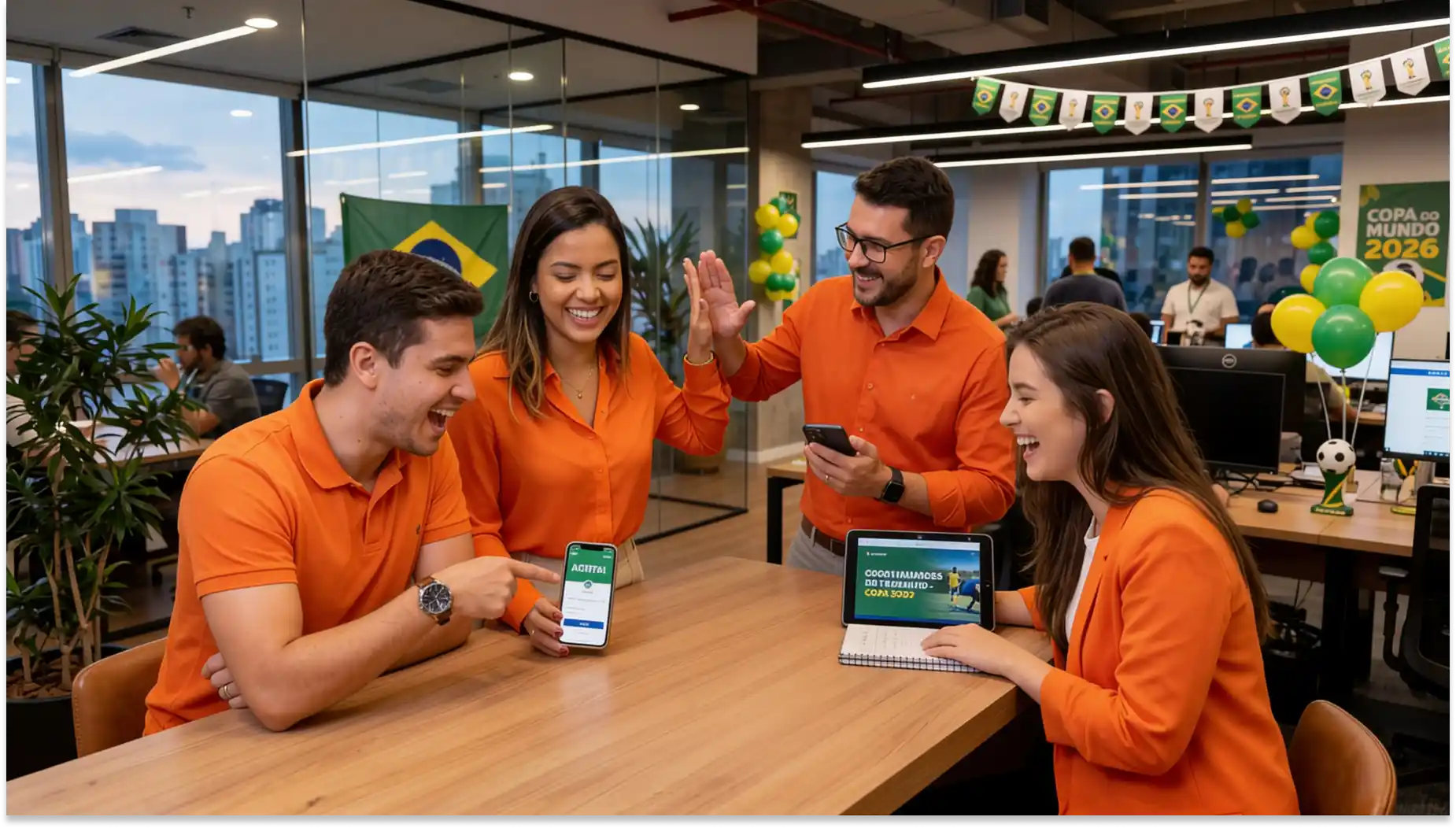 Equipe de jovens em ambiente corporativo com bandeira do Brasil e decoração da Copa do Mundo 2026, usando celulares e sorrindo durante confraternização no escritório