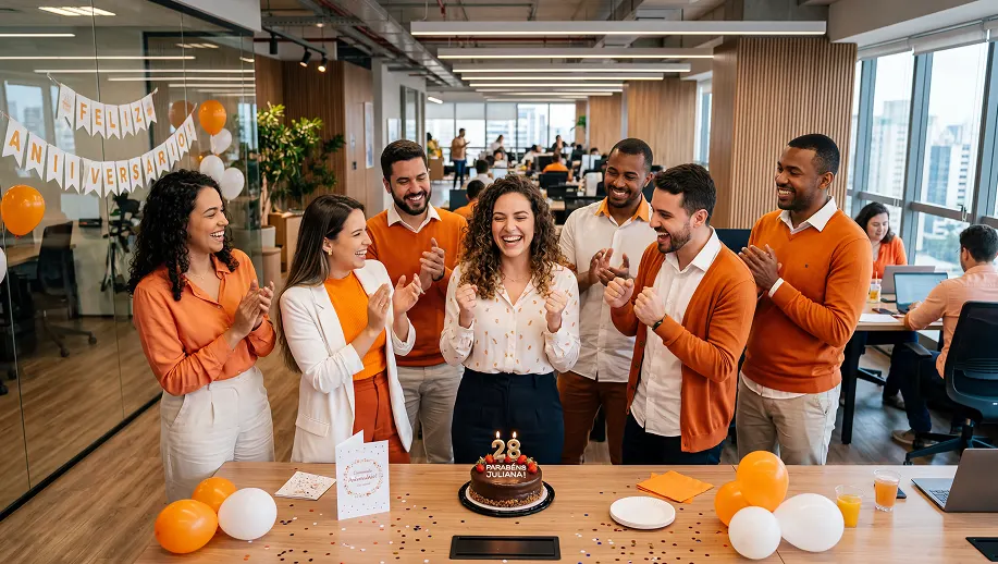 day off de aniversário; Equipe de trabalho em escritório no corporativo parabenizando uma colega no aniversário, com bolo em cima da mesa e balões laranja e brancos ao fundo; decoração de feliz aniversário na parede.