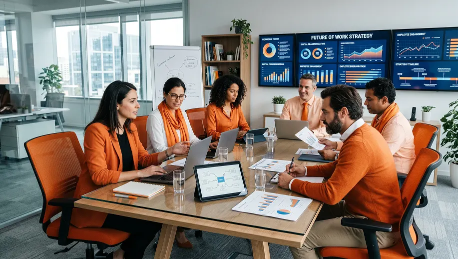 Equipe junto com os lideres em reunião no escritório corporativo, com profissionais em cadeiras laranjas analisando relatórios e gráficos em notebooks e tablets sobre estratégia e desempenho de trabalho, com apresentações em telas no fundo.
