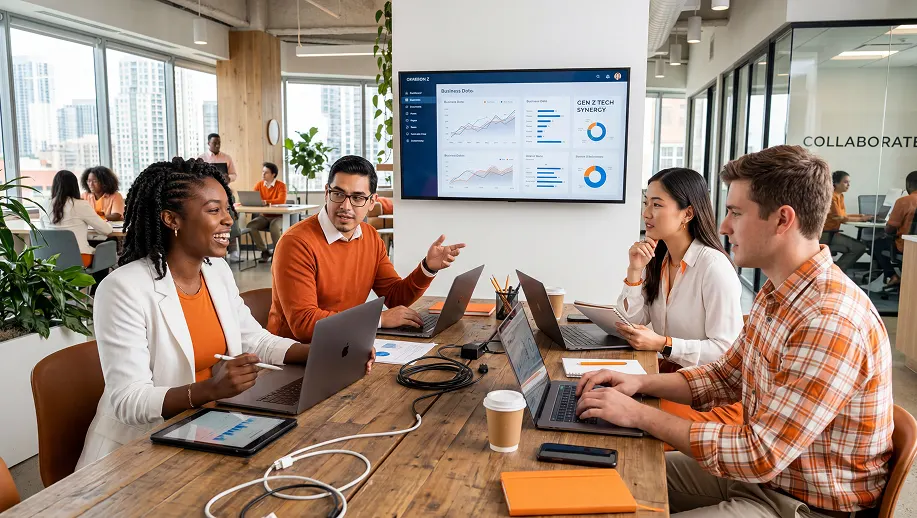 Equipe geração Z em reunião em escritório moderno com laptops e um profissional apontando para um painel de dados em uma tela digital, enquanto colegas discutem estratégias de negócios.