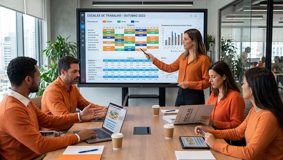 Equipe em reunião corporativa discutindo escala 5X2 em escritório moderno, com uma apresentadora apontando para um painel na TV mostrando uma planilha de escalas de trabalho e gráficos de horas por funcionário.