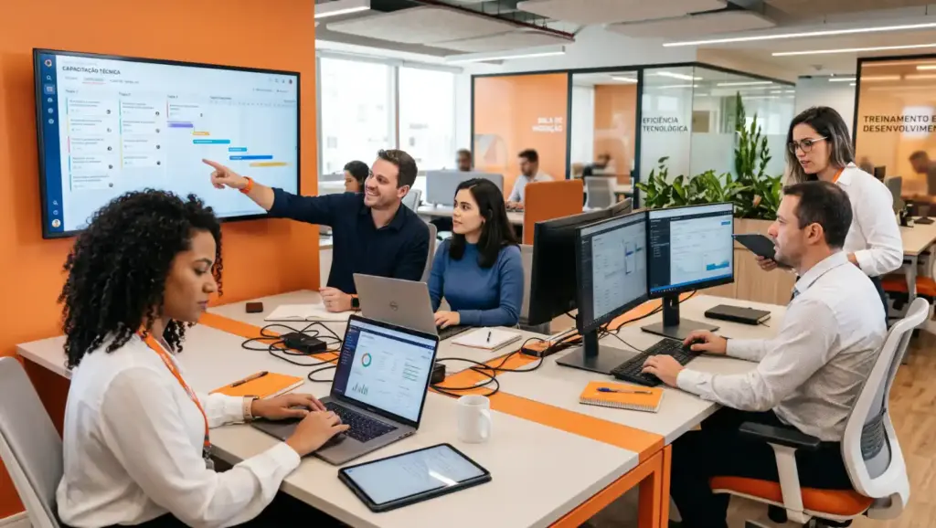 equipe treinamento corporativo computadores telas apresentacao O que é hard skills, importância e exemplos