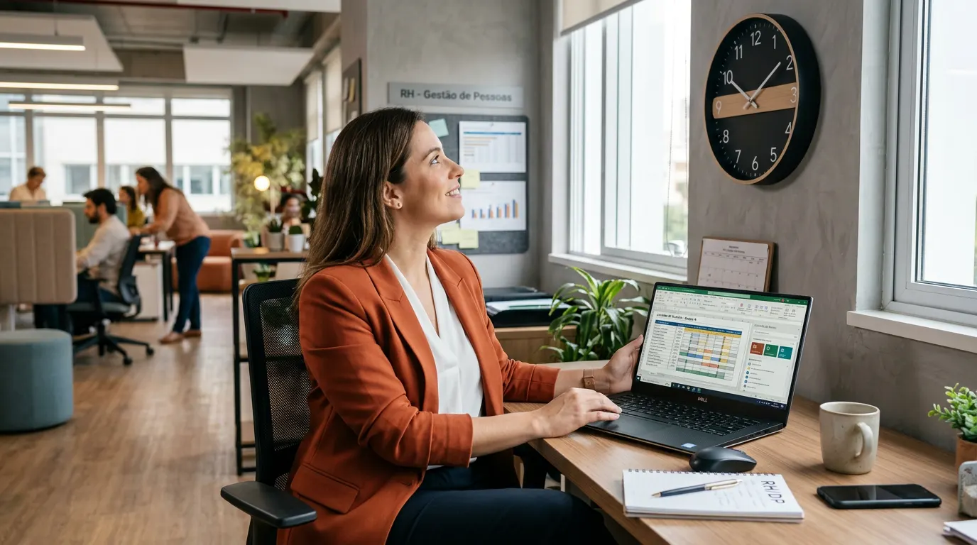 Mulher profissional sentada em um escritório moderno com laptop aberto e documentos sobre a mesa, enquanto um relógio na parede marca o horário comercial, em ambiente de RH e DP.