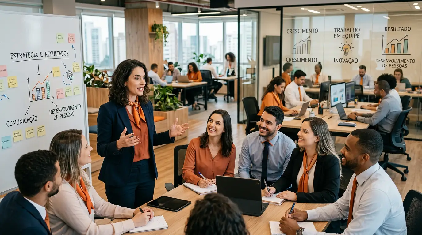 Líder em reunião de equipe apresentando um quadro de estratégia com tópicos como comunicação, desenvolvimento de pessoas e resultados, enquanto o grupo trabalha em sala corporativa.