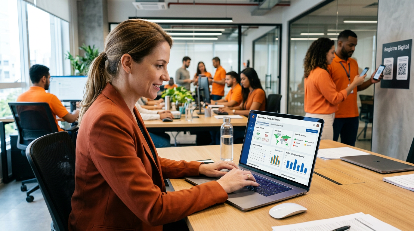 Funcionária usando um notebook com painel de sistema de controle de ponto eletrônico em uma empresa, enquanto equipes trabalham ao fundo, com recursos de registro digital e relatórios visíveis na tela.