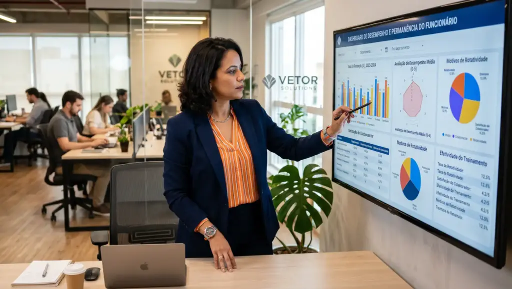 Mulher executiva apresenta dados em um telão na empresa, apontando gráficos e indicadores de desempenho em uma apresentação corporativa. Ambiente de escritório com equipe ao fundo.
