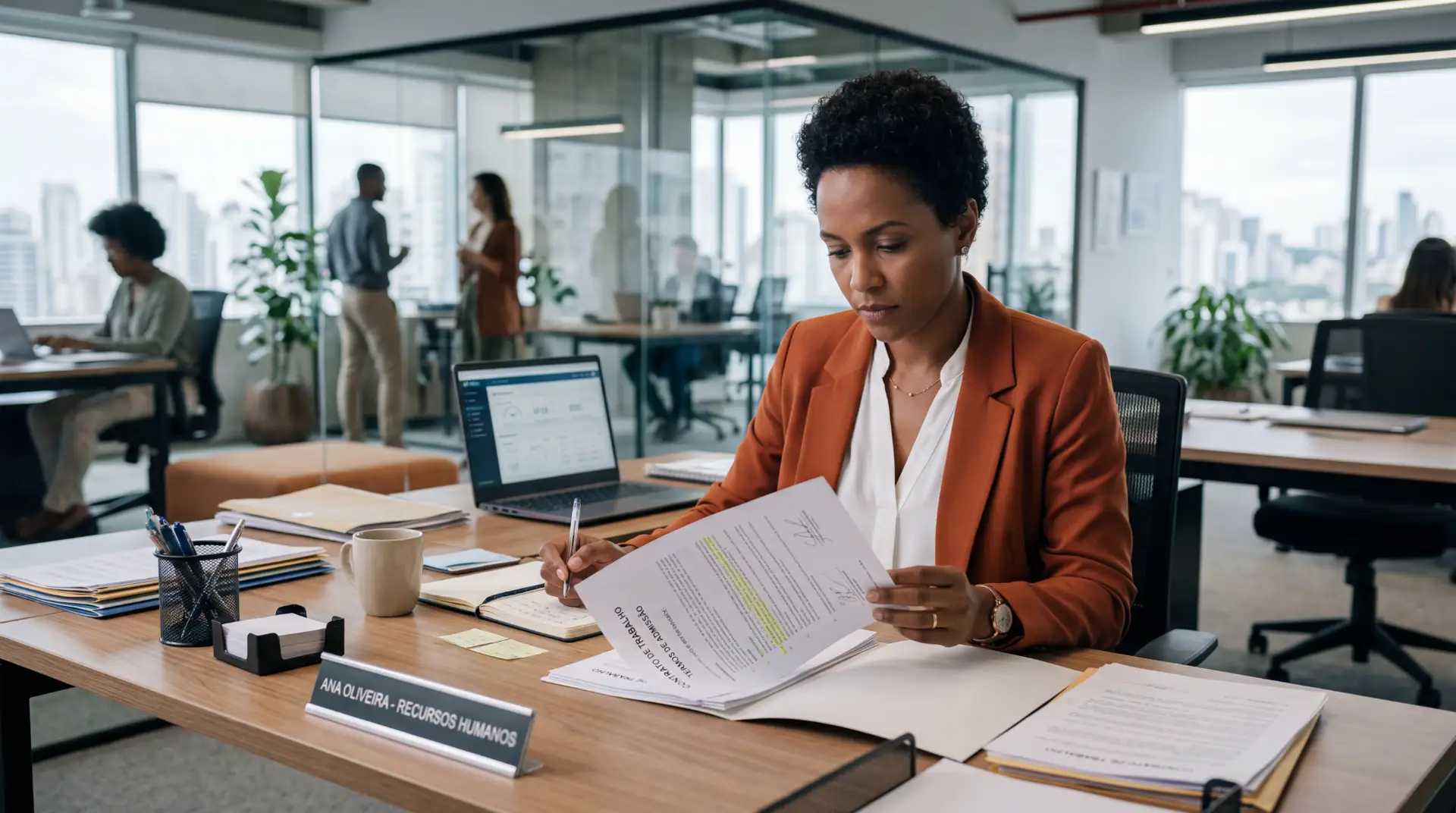 Mulher em escritório corporativo analisando Vínculo Empregatício documentos e assinando uma folha, com laptop e papéis sobre a mesa, enquanto colegas trabalham ao fundo.
