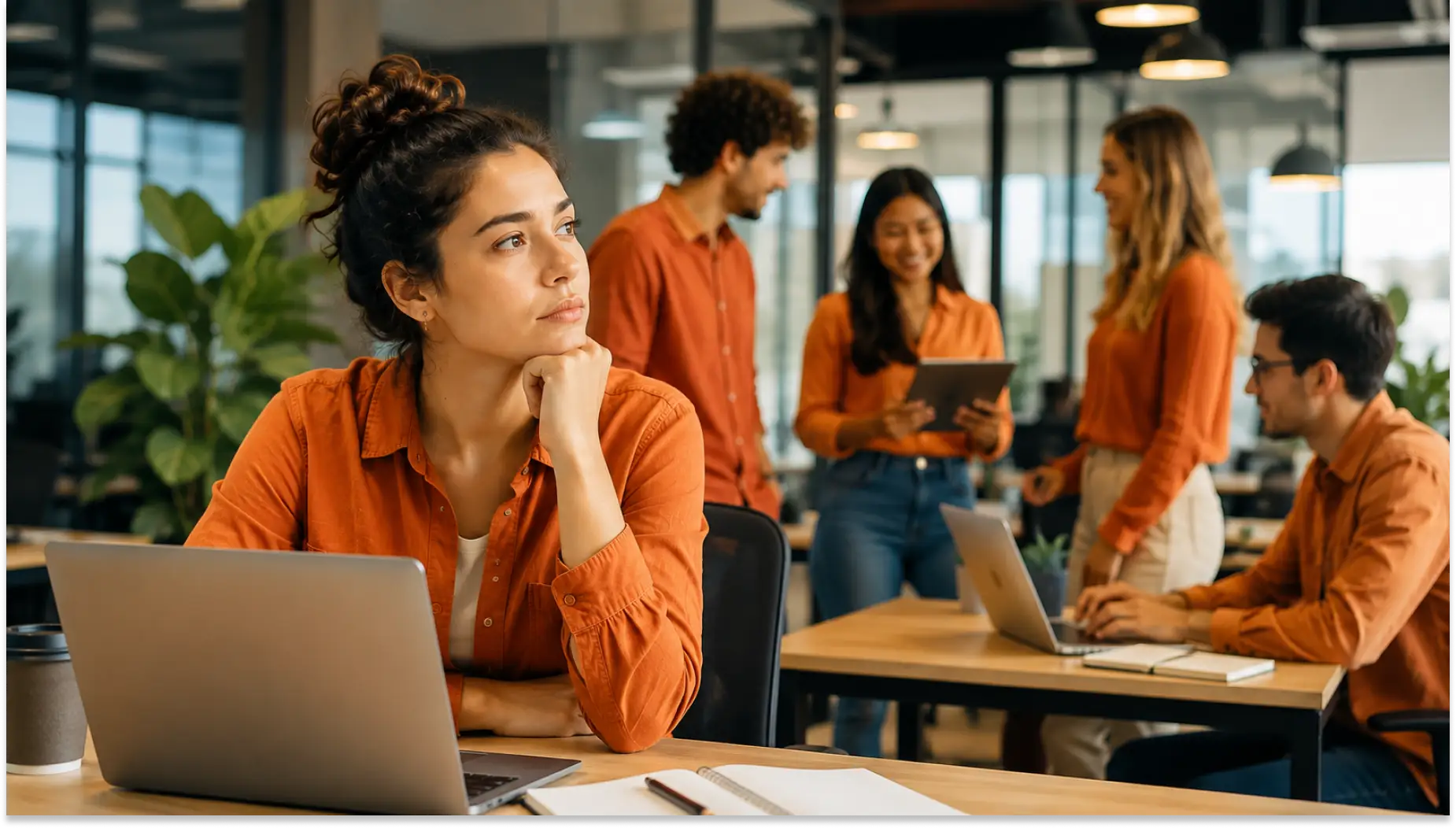Mulher pensativa sobre geração Z sentada em uma mesa com notebook em um escritório moderno, enquanto colegas ao fundo conversam e analisam documentos durante uma reunião de trabalho