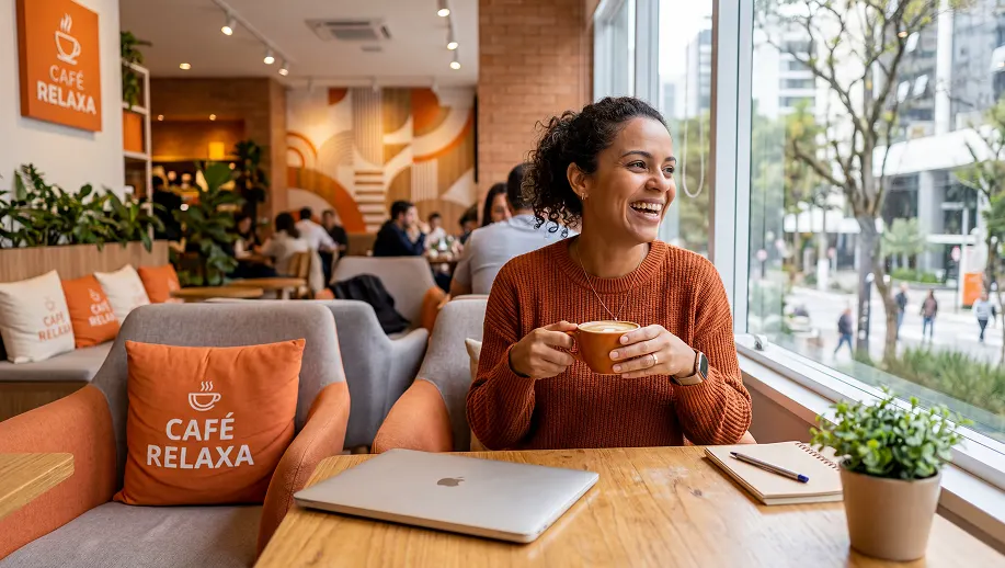 mulher sorrindo tomando cafe em cafeteria cafe relaxa com xicara 1 Day off de aniversário: o que é e como funciona