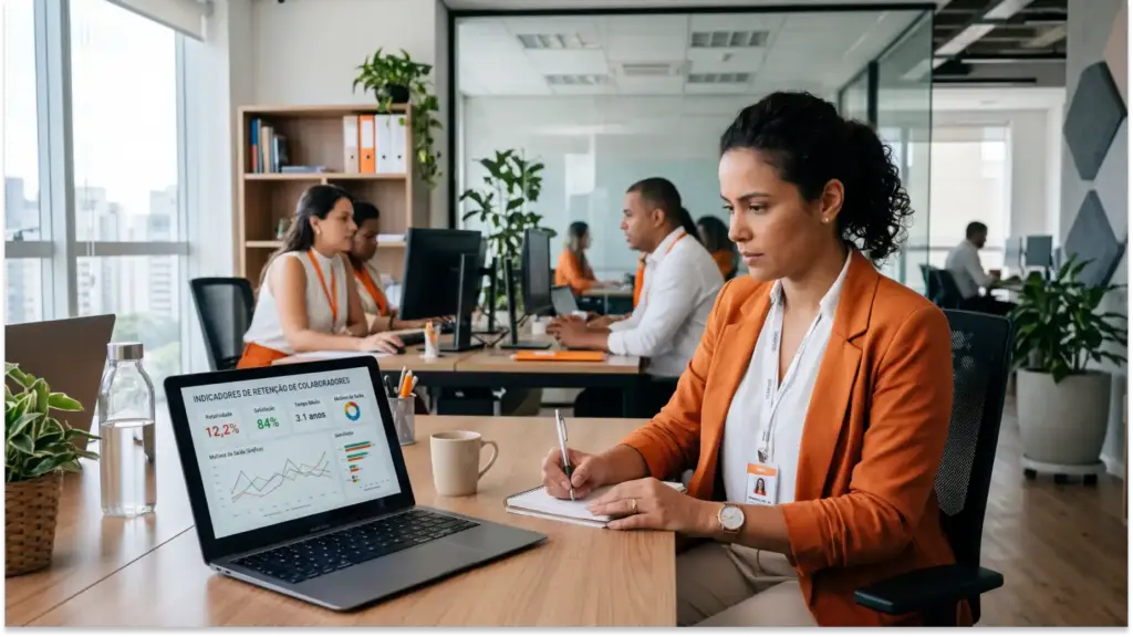 Equipe em escritório corporativo com profissional de negócios em primeiro plano analisando um relatório em um laptop, enquanto colegas trabalham ao fundo. Gráficos de desempenho aparecem na tela.