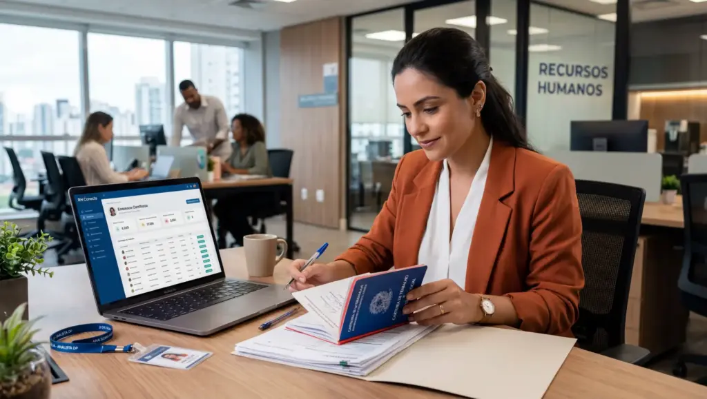 profissional preenchendo documentos no escritorio recursos humanos com laptop Vínculo Empregatício: o que é, como identificar e requisitos