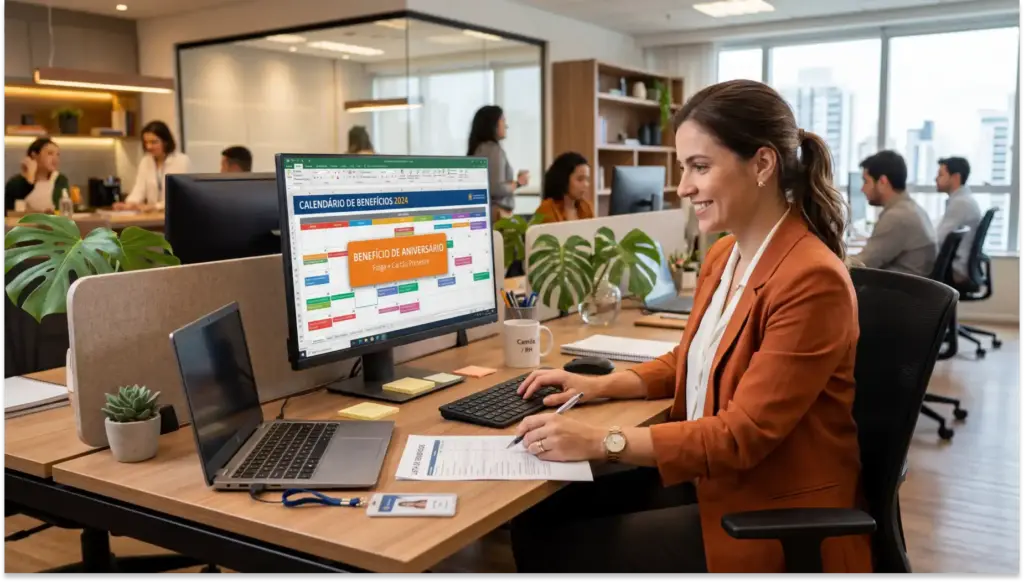 profissional usando computador com calendario de beneficios no escritorio Day off de aniversário: o que é e como funciona