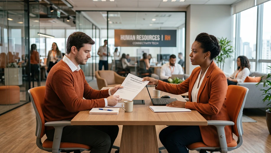 Reunião em escritório moderno de RH: dois profissionais sentados à mesa analisam documentos de analise previa enquanto uma terceira pessoa trabalha ao fundo; quadro “Human Resources | RH”.