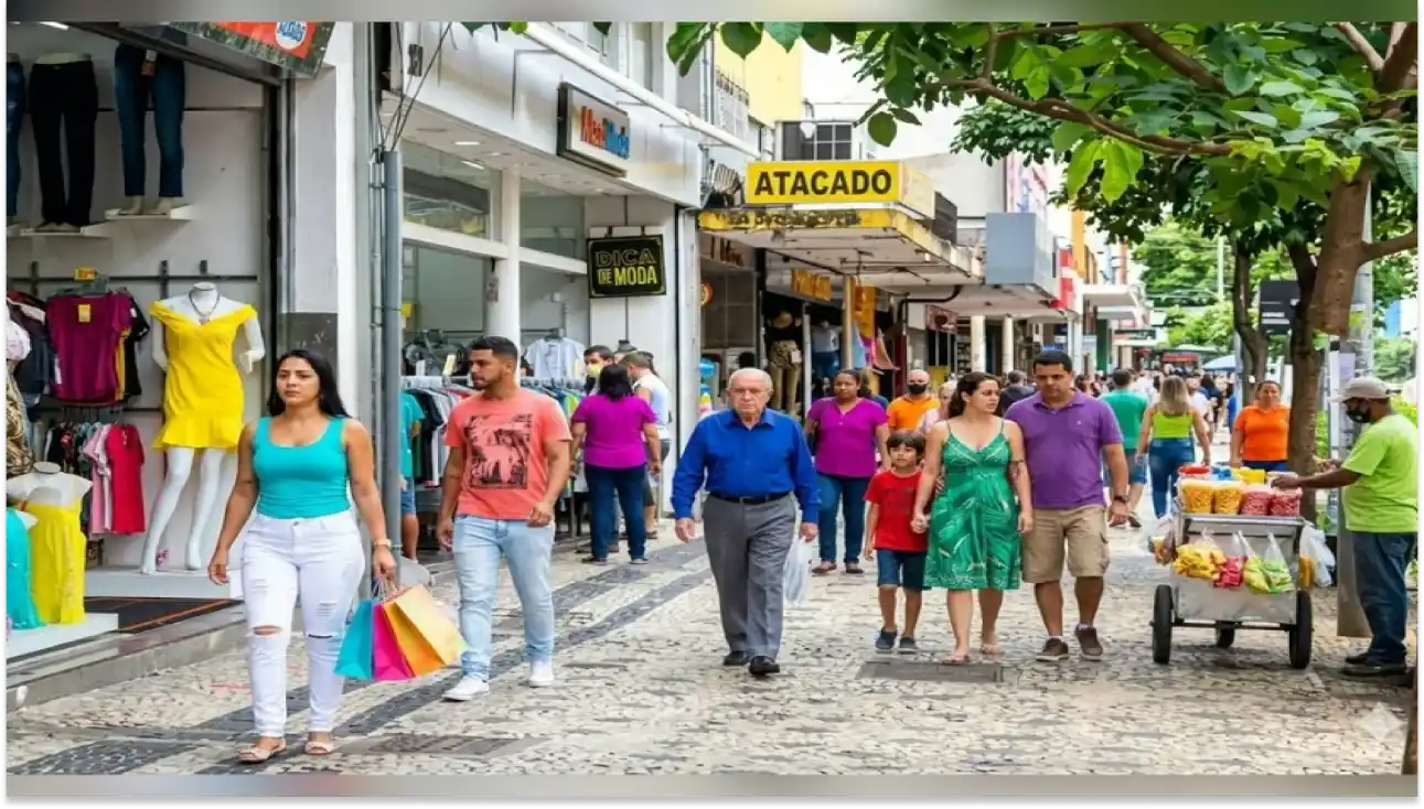 Rua comercial com alusão a feriado movimentada em cidade brasileira com lojas e faixa de promoção “ATACADO”, pessoas caminhando e carrinho de produtos sob árvore com folhas verdes ao fundo.