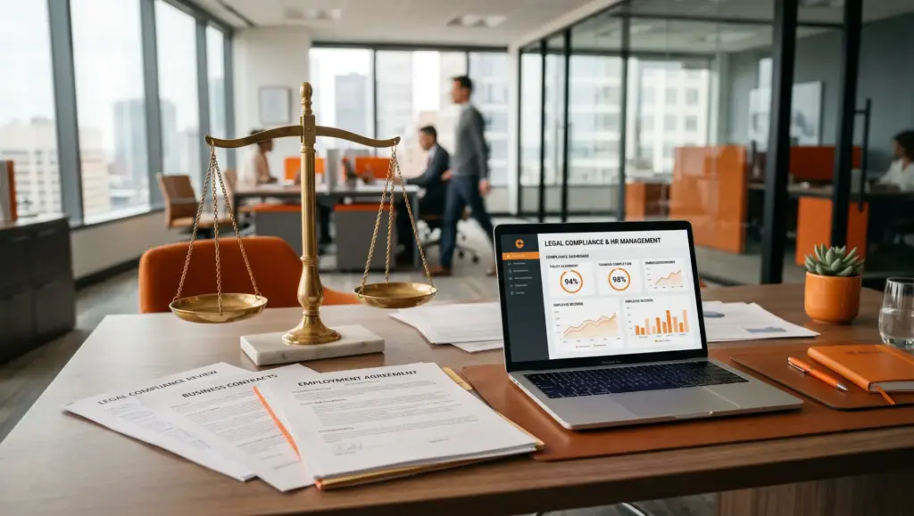 balanca de justica compliance laptop e relatorios em sala de reuniao O que é pejotização? Riscos, legalidade e o que diz o STF