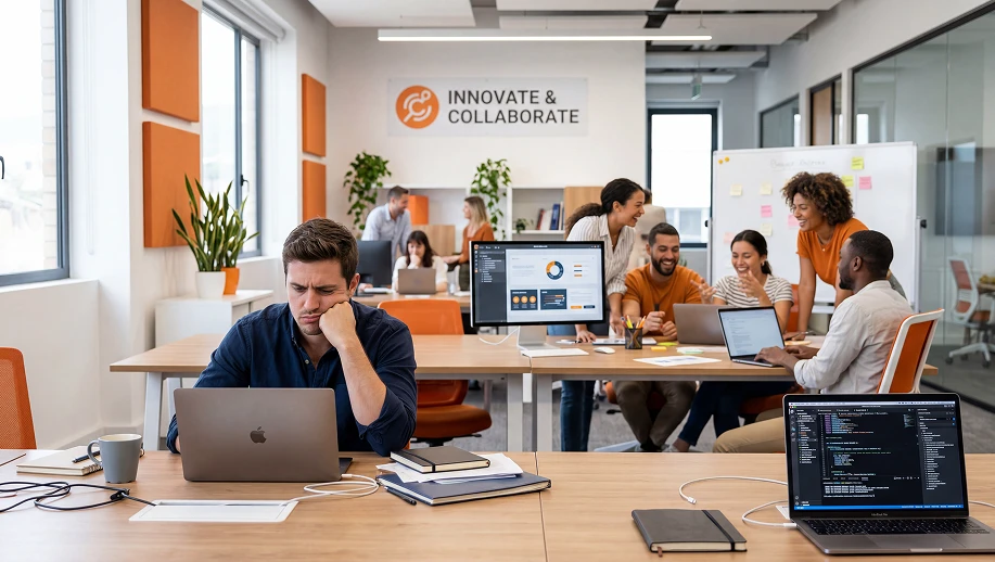 Equipe de profissionais em escritório moderno em colaboração e empatia, usando laptops e ferramentas digitais; no fundo aparece o slogan “INNOVATE & COLLABORATE” em um painel.