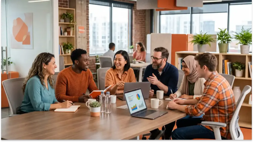 equipe diversa reuniao escritorio trabalho em laptop Work-life balance:o que é e como aplicar da forma correta