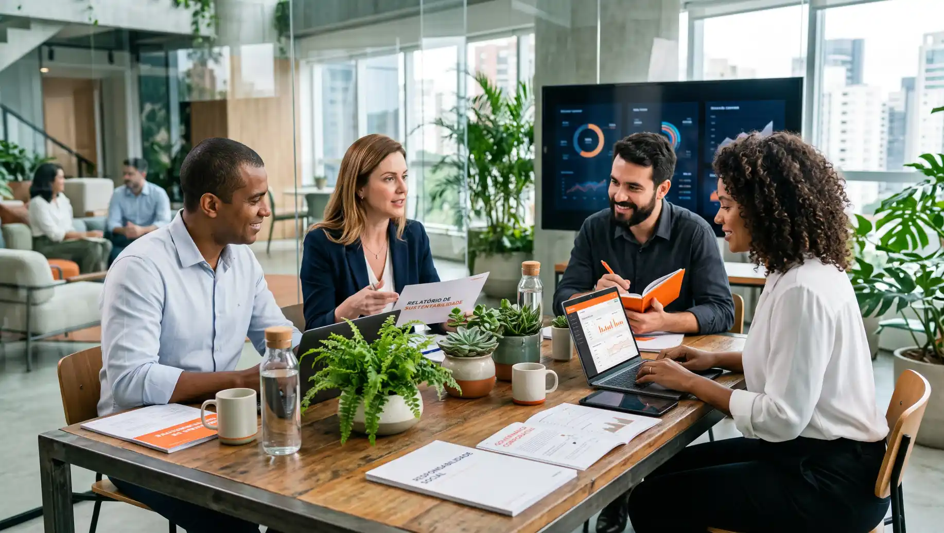 Equipe reunida em ESG e em escritório moderno para discutir um projeto, com pessoas analisando documentos e apresentação em notebook, ao lado de plantas e tela de dados no fundo.