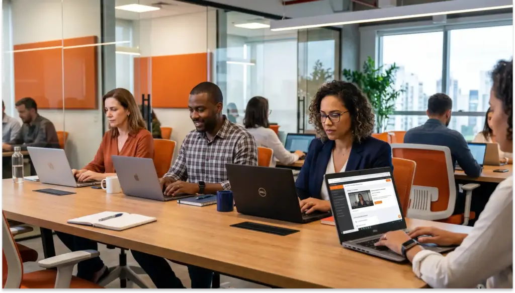 equipe trabalho escritorio moderno notebooks interface gestao conteudo Upskilling e Reskilling: o que são e como aplicar no RH