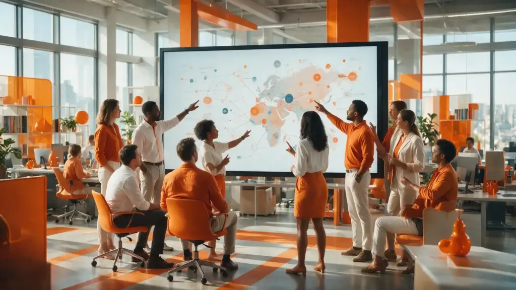 Matriz de competências: Equipe em sala de treinamento corporativo apontando para um grande painel com mapa e gráficos, enquanto discutem o desenvolvimento de competências no projeto; visão de trabalho em equipe e planejamento.