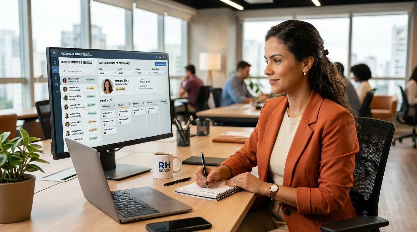 Profissional de RH em escritório moderno analisando um sistema de recrutamento e seleção em uma tela de computador, enquanto faz anotações em uma mesa com café ao lado, tema Melhores softwares de Recrutamento e Seleção - como escolher.