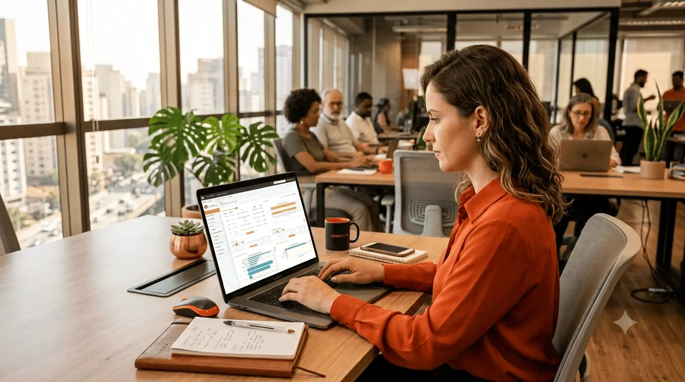 Colaboradora em escritório moderno utilizando notebook e sistema online em tela, em ambiente de trabalho com equipe ao fundo e plantas, tema de Melhorias Junho 2026
