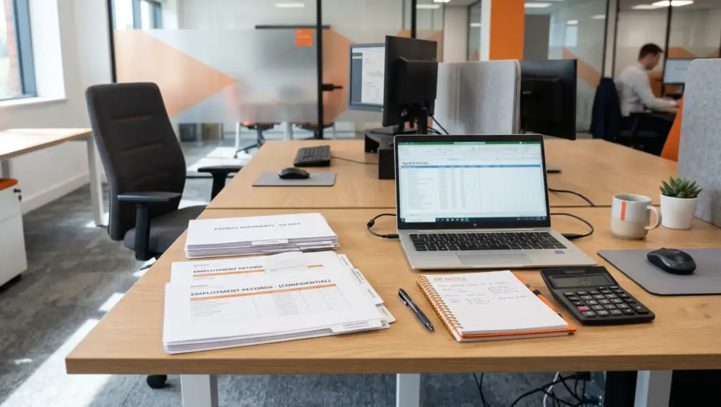 mesa de escritorio com notebook documentos e calculadora em sala corporativa Dicionário de DP: lista com os principais 23 termos