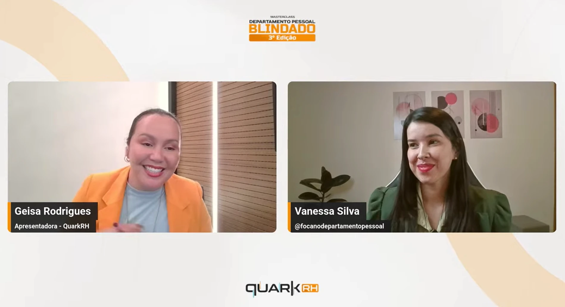 Mudanças de 2026 no DP: Mesa de gravação em vídeo de Departamento Pessoal com duas apresentadoras em chamadas lado a lado: Geisa Rodrigues e Vanesssa Silva, com o selo “BL 3ª Edição” do QuarkRH.