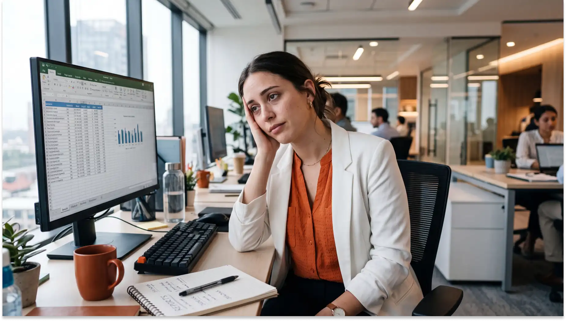 mulher profissional com burnout sentada em escritório moderno, olhando preocupada para um monitor com planilha e gráficos, com caderno e caneta sobre a mesa.