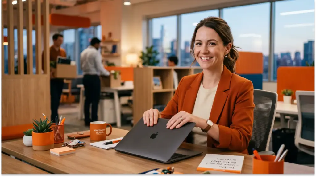mulher sorridente escritorio moderno com notebook e mesa de trabalho Work-life balance:o que é e como aplicar da forma correta