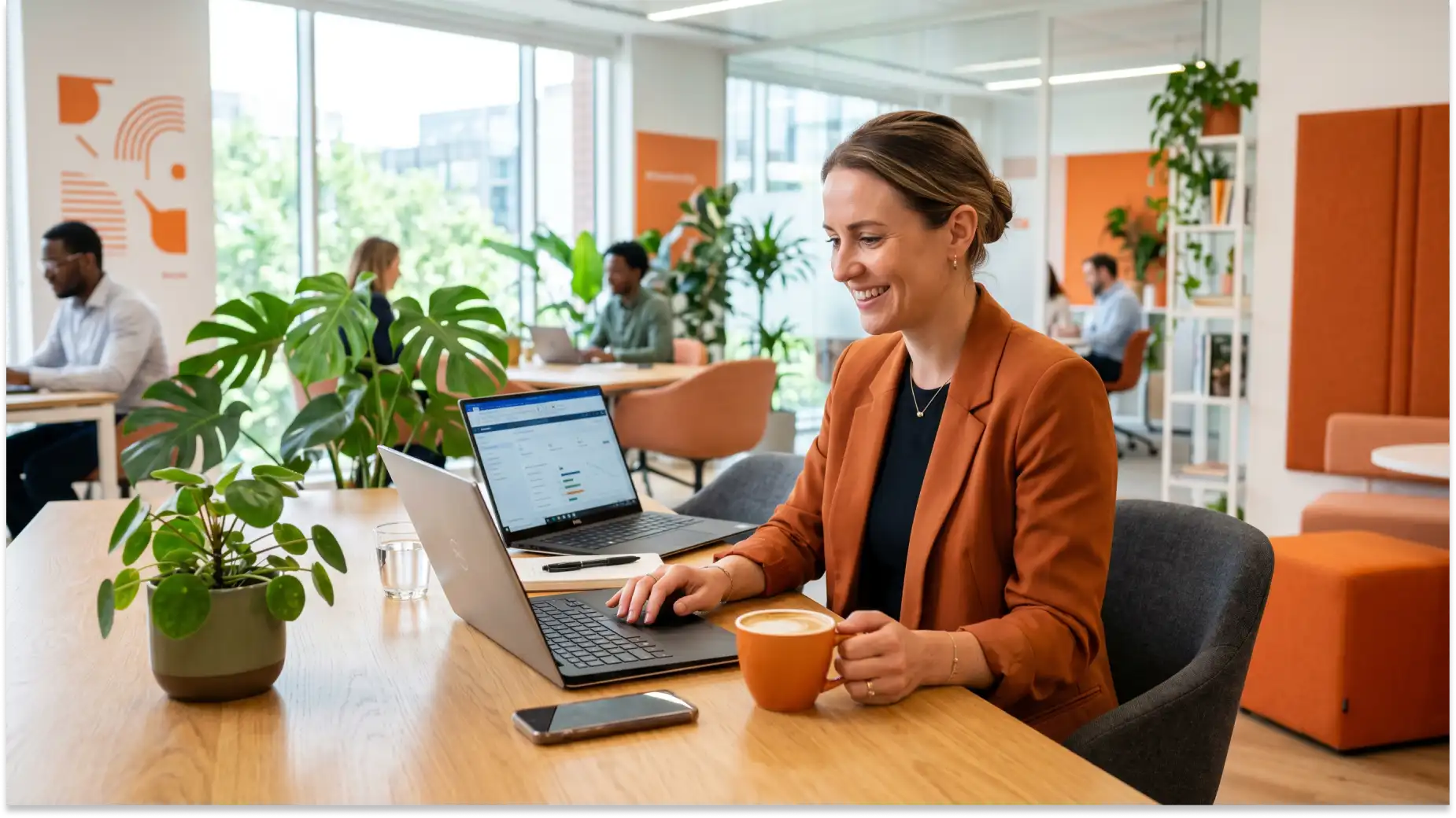 Mulher trabalhando Work-life balance em um escritório moderno de coworking, usando notebook e tomando café em uma mesa de madeira, com plantas e colegas ao fundo.