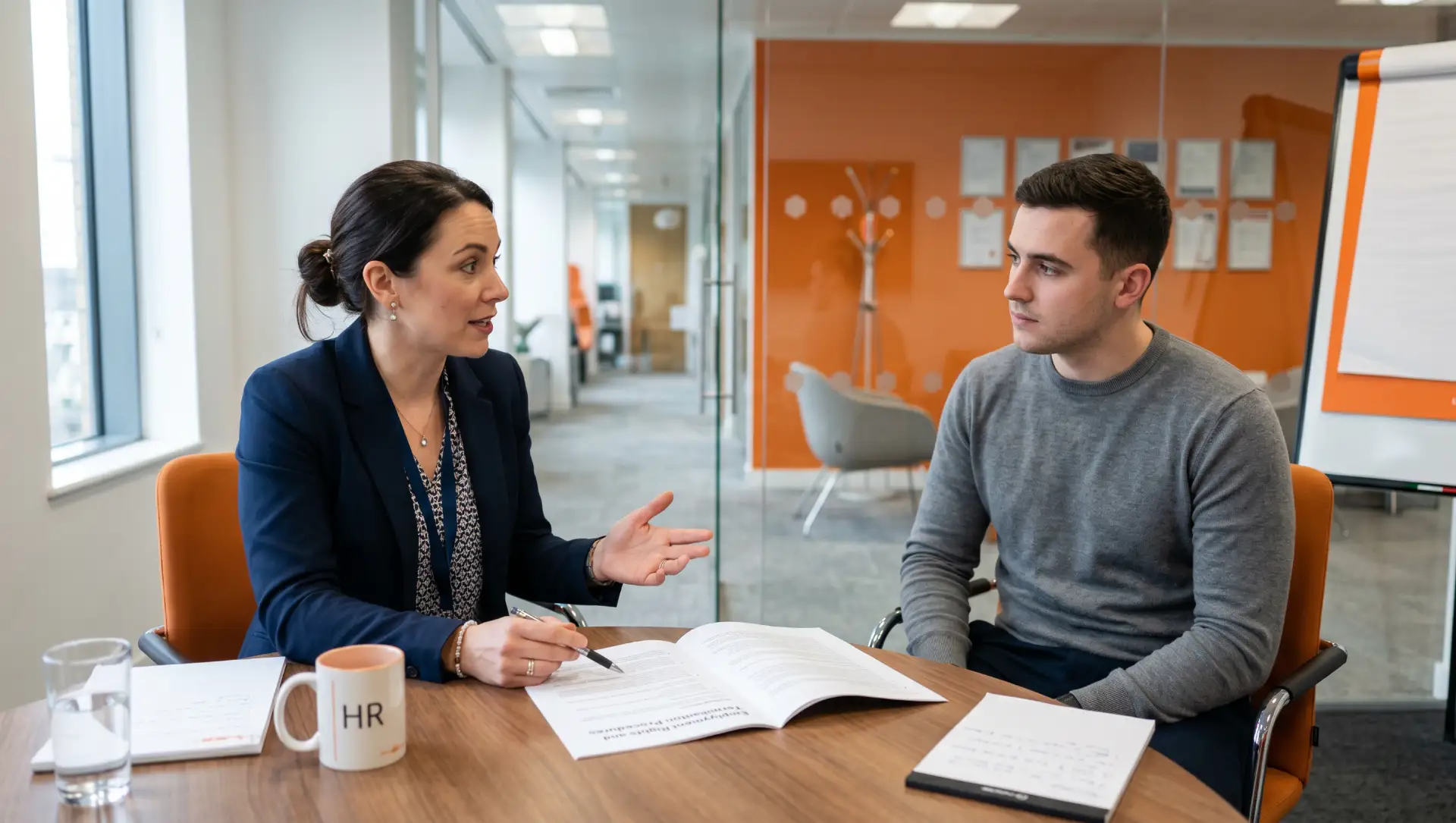 Dois profissionais discutindo demissão com justa causa documentos e anotações sobre a mesa, enquanto um deles gesticula durante uma conversa de trabalho em ambiente corporativo com quadro e vidro ao fundo.