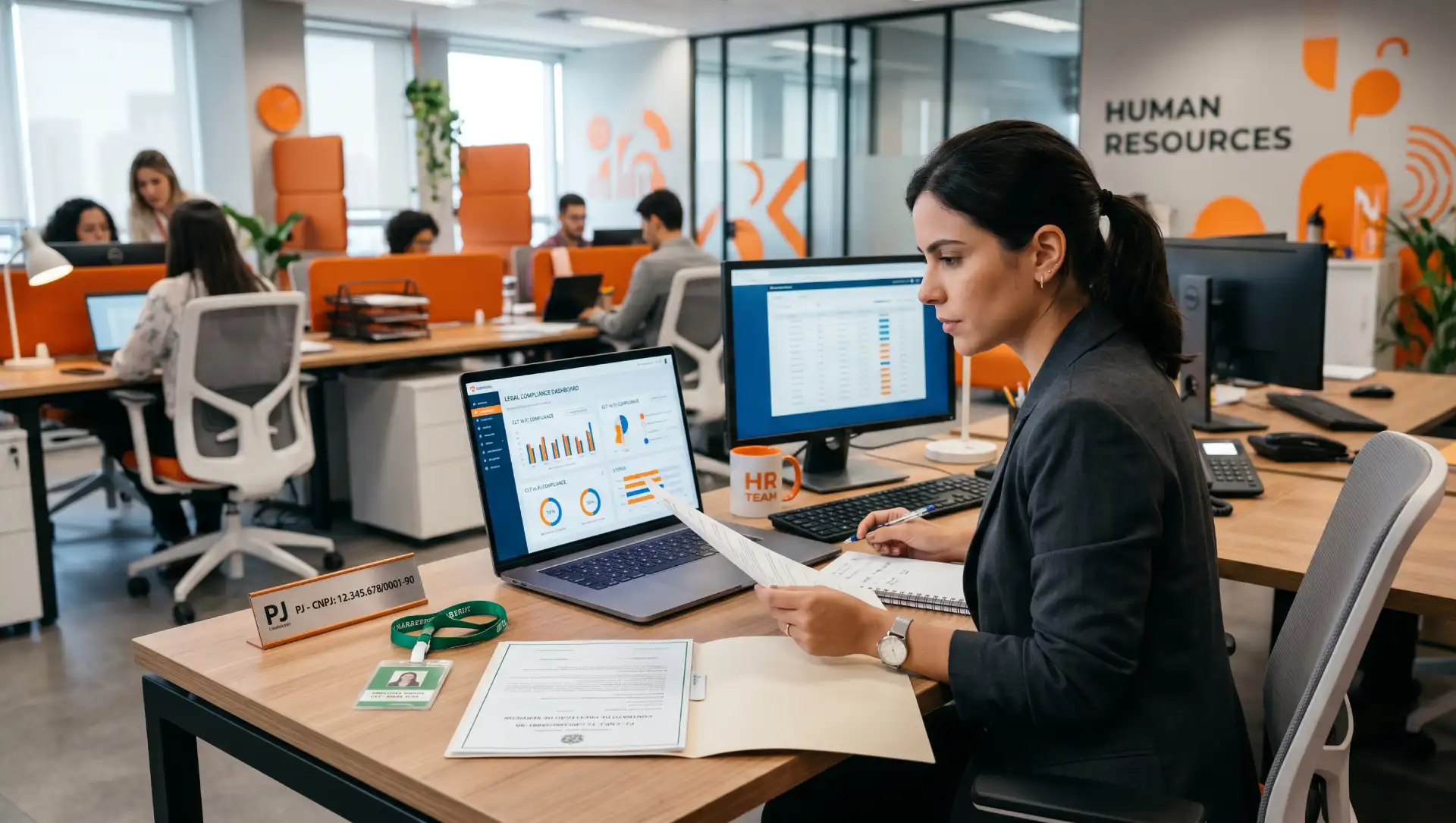 Profissional de recursos humanos verificando o que é pejotização em escritório moderno, analisando dados em telas de computador e usando um notebook com dashboards e gráficos. Equipe ao fundo.