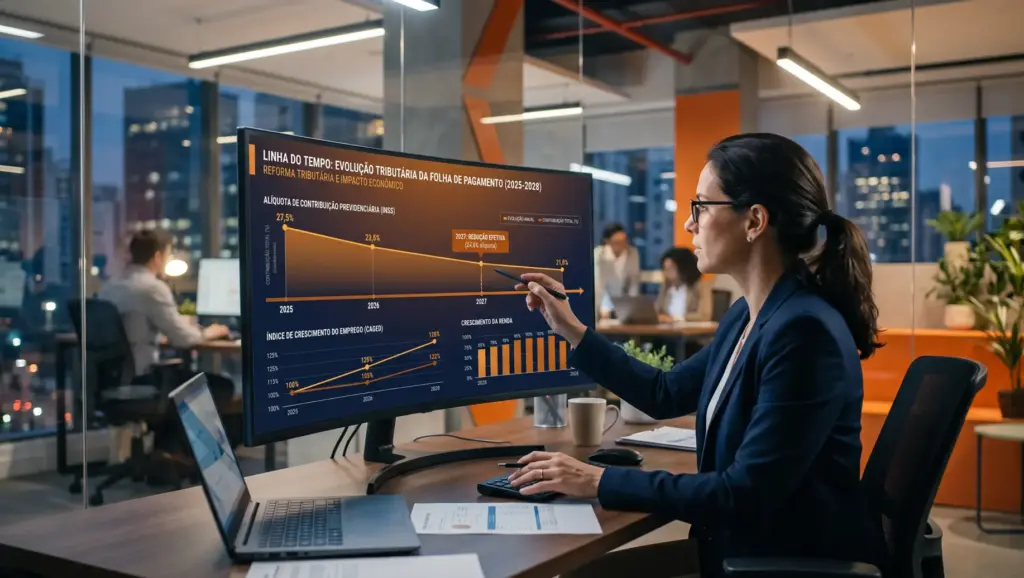 profissional apontando grafico indicadores no monitor escritorio Reoneração da folha de pagamento: guia completo 2025‑2028