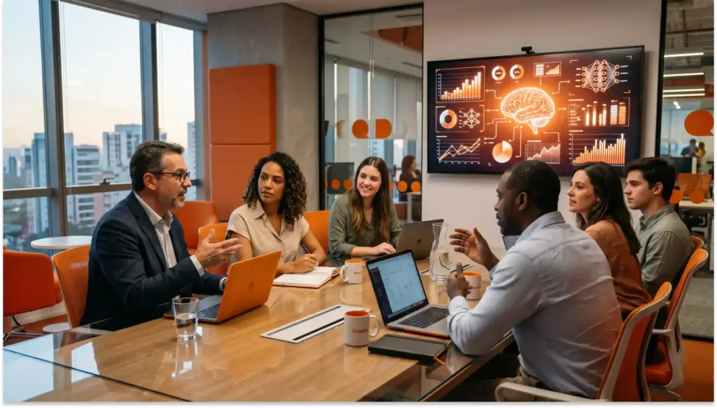 reuniao de equipe em escritorio moderno com quadro digital e notebooks Marco legal das IAs no Brasil: o que muda para o RH e o DP