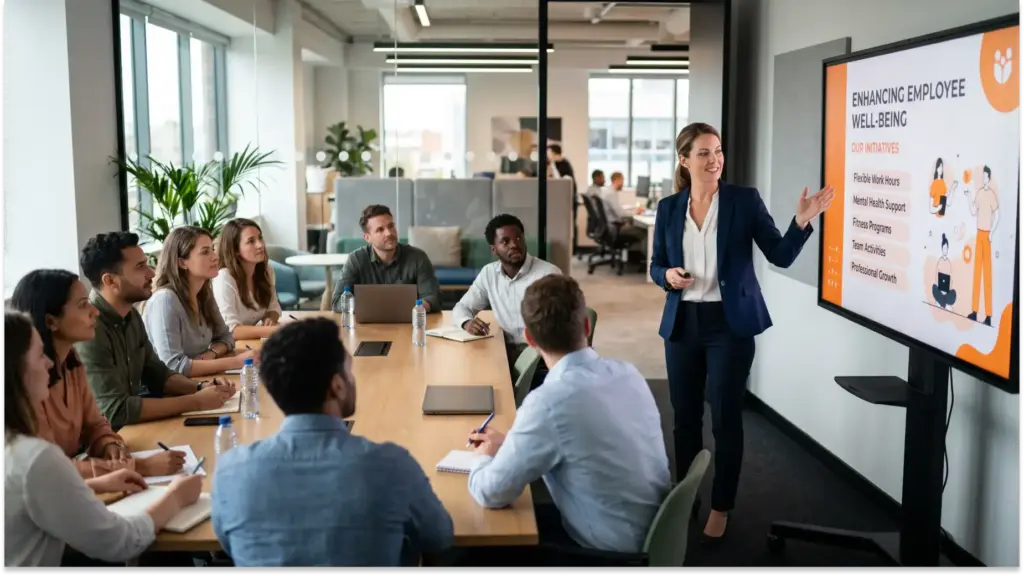 reuniao escritorio apresentacao bem estar equipe Work-life balance:o que é e como aplicar da forma correta