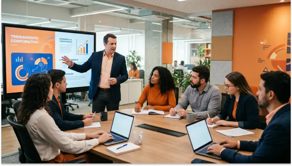 treinamento corporativo apresentacao slide equipe escritorio moderno Upskilling e Reskilling: o que são e como aplicar no RH