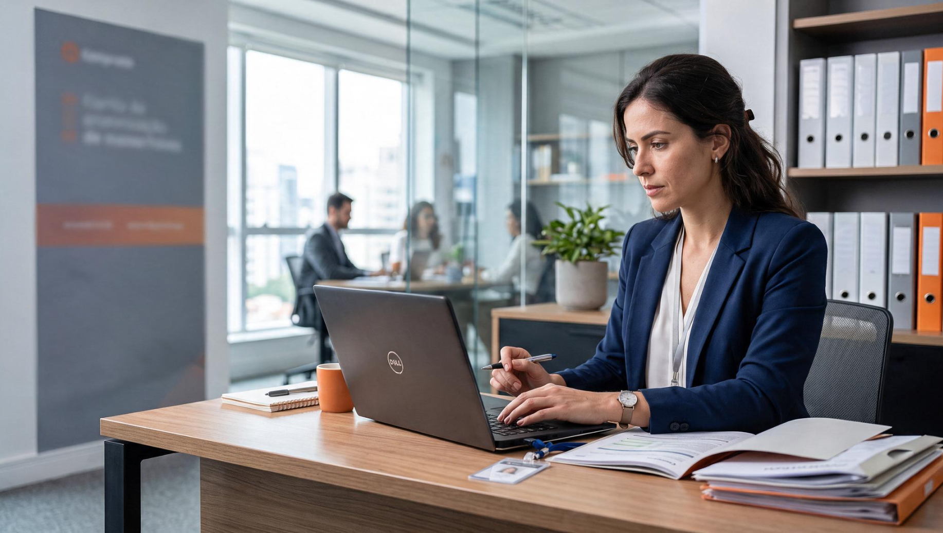 Certificado de regularidade do FGTS em ambiente corporativo: profissional em escritório usando notebook na mesa, com pastas e documentos ao fundo, transmitindo organização e conformidade