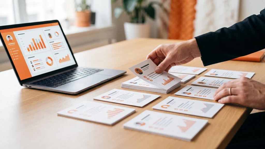 Pessoa analisando relatórios de recrutamento em tablet e documentos impressos com gráficos e métricas, em um contexto de Talent acquisition no escritório.