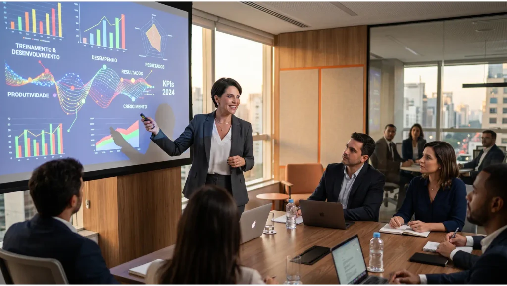 Apresentação corporativa em sala de reunião: uma palestrante aponta para um slide com gráficos e indicadores enquanto a equipe assiste com notebooks e cadernos, tecnologia e ROL em foco.