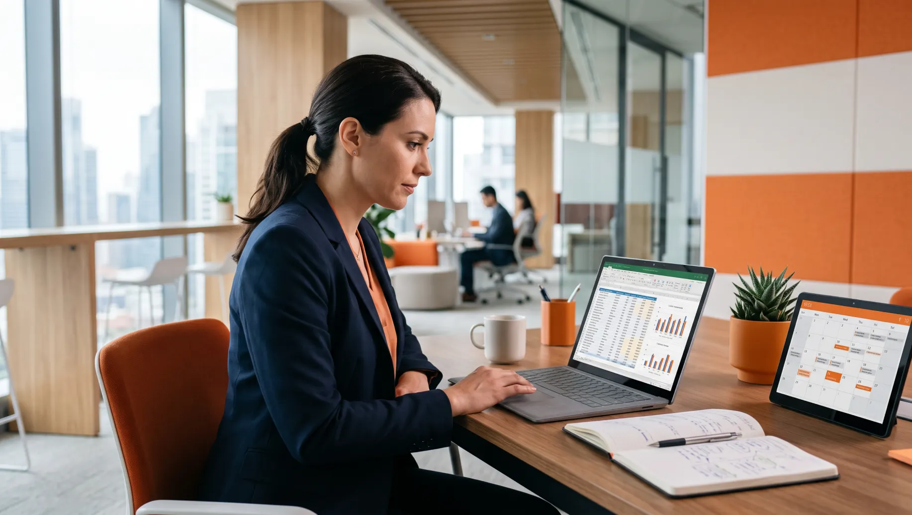 Atraso de salário: mulher trabalhando em escritório moderno, analisando relatórios no notebook enquanto usa telas com gráficos ao fundo.