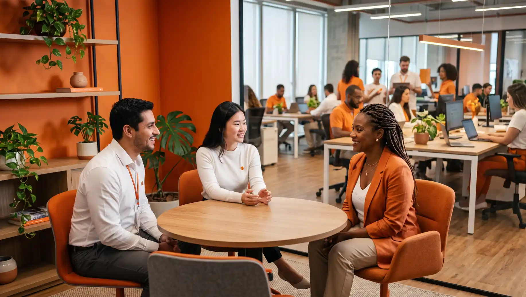 Dia do Psicólogo e Psicologa e 10 ideias de comemorar doiscutidas em encontro entre psicólogo e psicologa em uma sala de atendimento, com três pessoas conversando sentadas em cadeiras ao redor de uma mesa redonda. Ambiente corporativo com escritórios ao fundo.