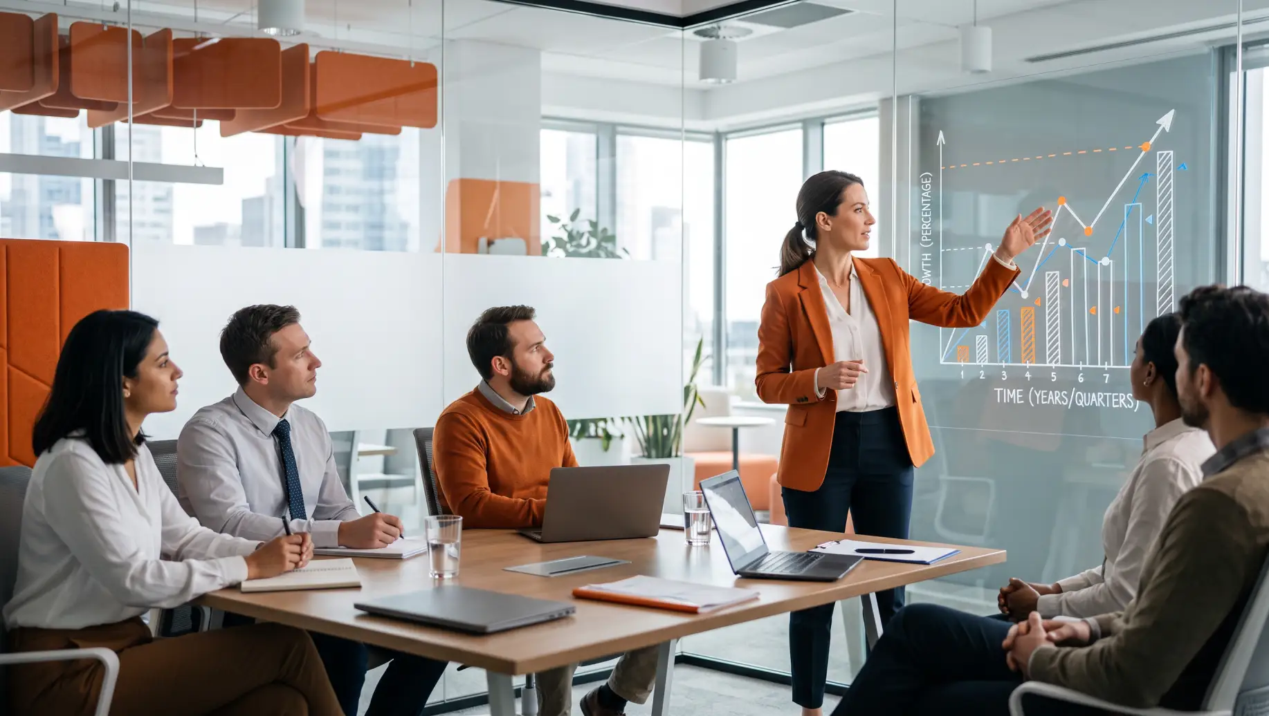Equipe em reunião em escritório moderno: uma mulher em terno apresenta um gráfico de desempenho em um painel de vidro para profissionais sentados ao redor da mesa, sugerindo planejamento e Talent acquisition.