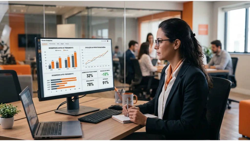 Gestora analisando relatório em tela com gráficos e indicadores de desempenho em escritório corporativo, usando laptop e monitor com dados de treinamento e resultados. ROL