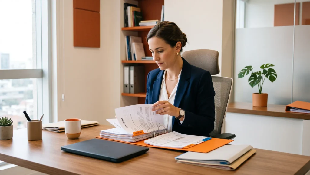 Mulher em escritório, sentada em cadeira de trabalho, analisando documentos e folhas impressas sobre Atraso de salário, em ambiente corporativo com mesa e materiais.