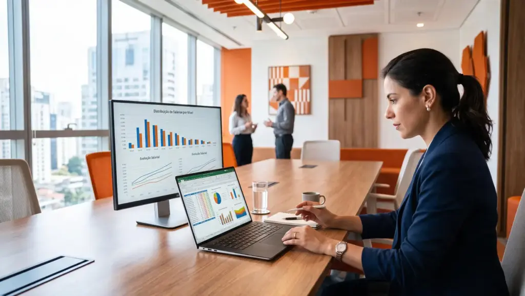 Mulher analisa relatórios financeiros em notebooks em uma sala de reunião com gráficos de desempenho e equipe ao fundo, representando transparência salarial no ambiente corporativo