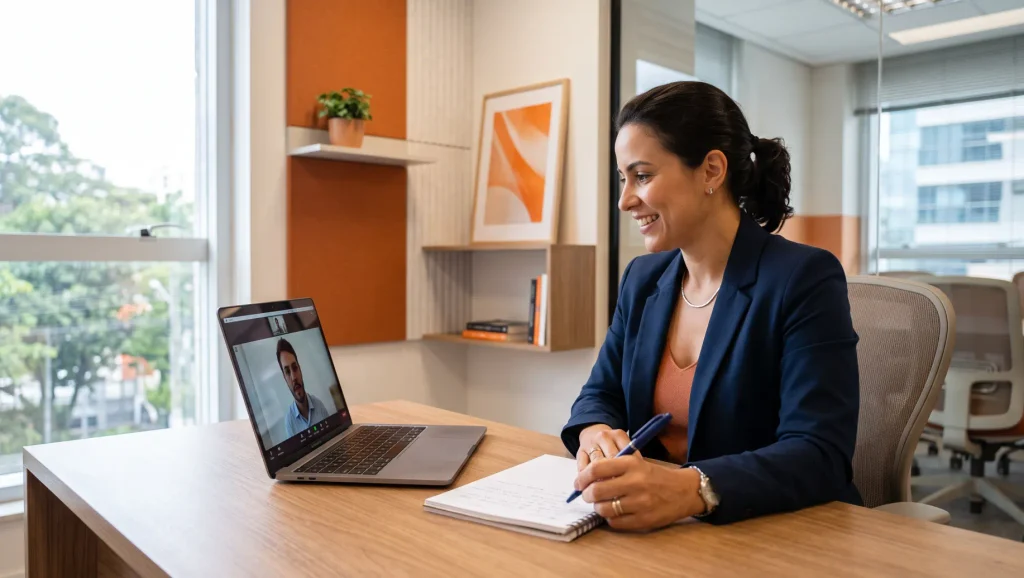 Mulher profissional em escritório moderno fazendo anotações em um caderno ao lado de um notebook, enquanto participa de uma conversa por chamada de vídeo para Talent acquisition.