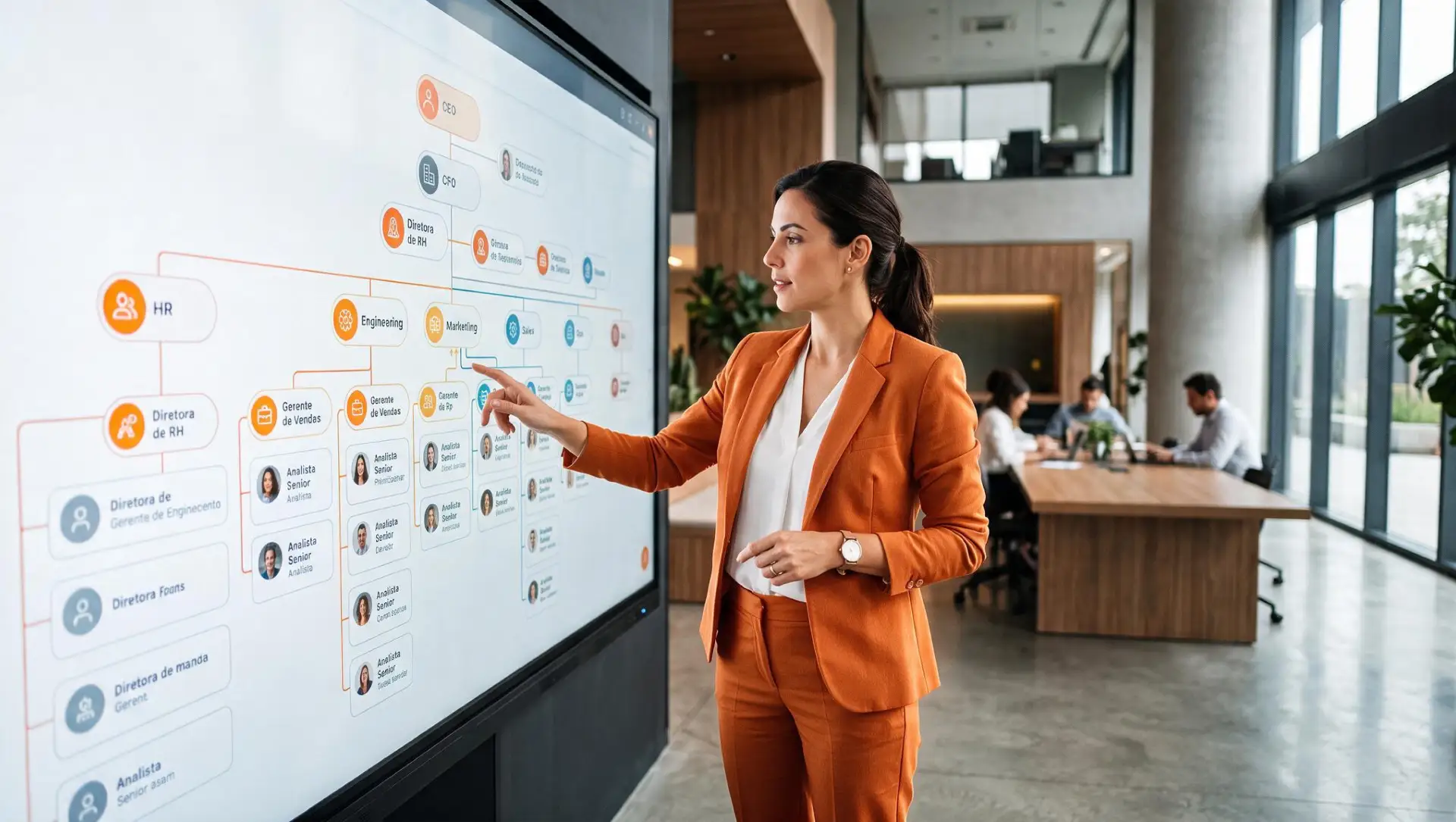 Mulher em ambiente corporativo aponta para um painel de organograma exibido em tela, mostrando organogramas com cargos e departamentos