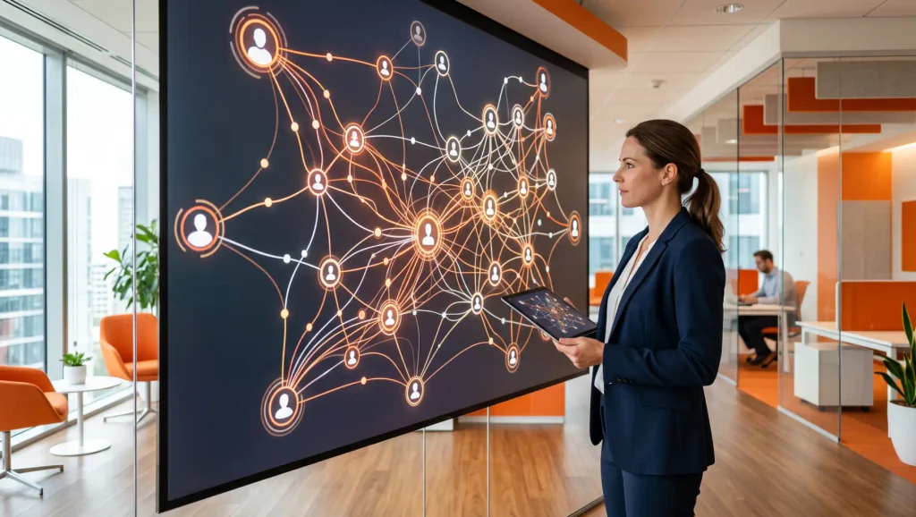 Mulher executiva em escritório moderno aponta e analisa um painel com ilustrações de rede digital e ícones de pessoas, em contexto de Talent acquisition com foco em conexões e recrutamento.