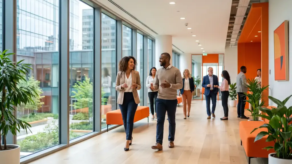 NR-12: Equipe caminhando em corredor de escritório moderno com janelas amplas e plantas decorativas, reunindo-se para trabalho e colaboração corporativa, ambiente profissional e iluminado.
